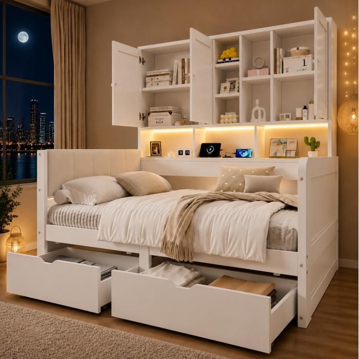 Lit combiné enfant 90x200 EVRYAE avec rangement LED USB tiroirs et étagères MDF blanc