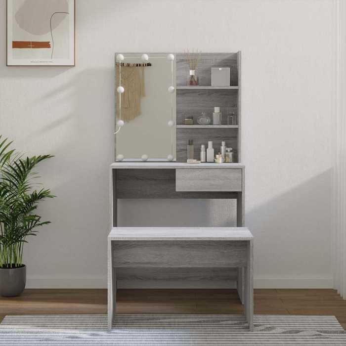 ELORAN Table de cosmétique - Ensemble de Coiffeuse pour maquillage - avec LED - Sonoma gris - Bois dingénierie - 74 5x40x141 cm - r