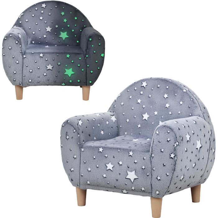 Fauteuil enfant mini canapé confortable velours gris à motif étoilé phosphorescent pour chambre de garçon ou fille