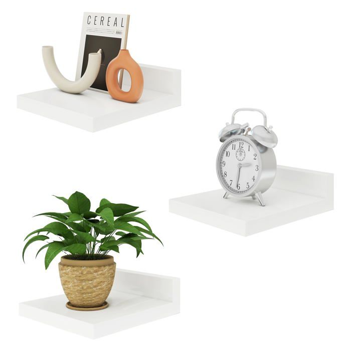 Étagère flottante murale en bois blanc - Lot de 3 petites étagères de rangement