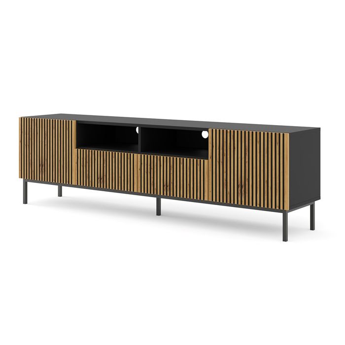 Meubles TV - Meuble TV Ravenna avec 2 portes + 2 tiroirs + 2 niches et cadre noir - Beige et noir - L 200 x P 42 x H 58 cm Meubles TV - Meuble TV Ravenna avec 2 portes + 2 tiroirs + 2 niches et cadre noir - Beige et noir - L 200 x P 42 x H 58 cm