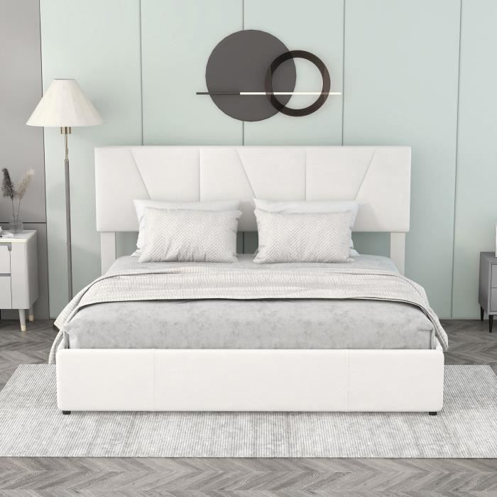 lit rembourré, lit double, avec quatre tiroirs sur deux côtés, tête de lit réglable, blanc (160 x 200 cm),sans matelas