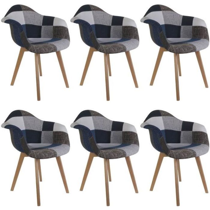 fauteuils patchwork bleu et gris - altobuy - lot de 6 - style scandinave moderne - avec accoudoirs