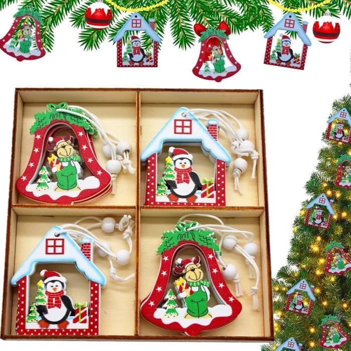 FainFun Ornements Arbre De Noël En Bois - 12 Pièces Décoration Sapin Avec Corde, Pendentifs Bonhomme De Neige, Père Noël, Voiture, Cerf