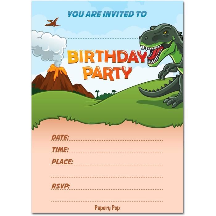 Pour garçons et filles dinosaures Lot de 6 cartes d'invitation pour anniversaire d'enfant Avec enveloppe 