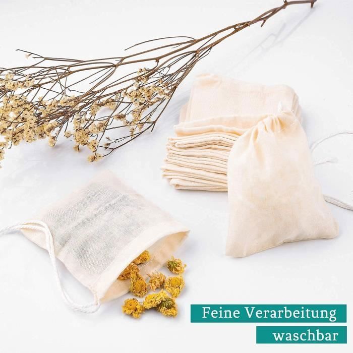 100 pcs Sachets Filtre à Thé Reutilisable Sachet de The a Remplir en  Mousseline de Coton