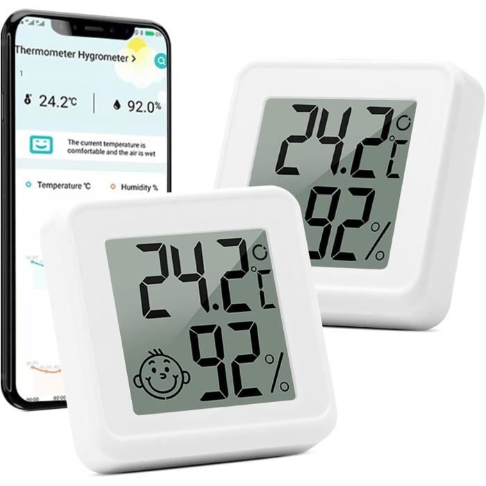 Thermometre Interieur Maison Bluetooth, 2 Pack Thermometre Hygrometre,  Hygromètre Avec Icônes, Thermomètre Intelligent Avec A[u4712] - Cdiscount