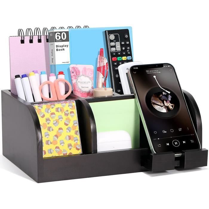 Organiseur De Bureau En Bois Avec 5 Compartiments - Dimensions 18.5x14x9.3 Cm - Pour Stylos, Télécommandes, Cosméétiques