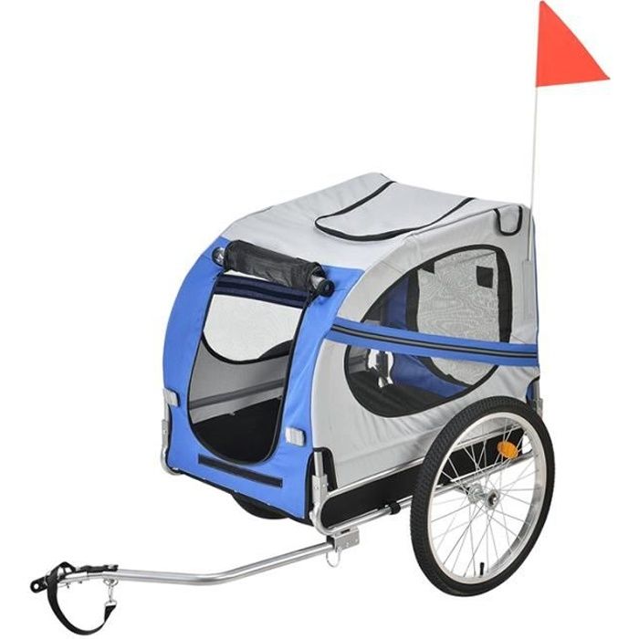 remorque velo pour chien transport animaux pliable avec drapeau charge max. 40kg en bleu et gris