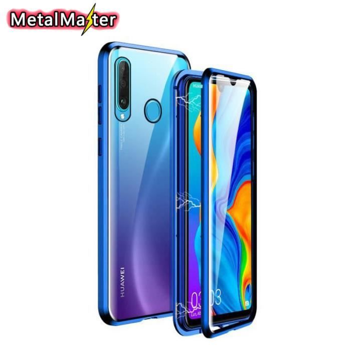 coque pour huawei p30 lite xl metal etui double face verre trempe et cadre en metal magnetique bumper bleu metalmaster cdiscount telephonie
