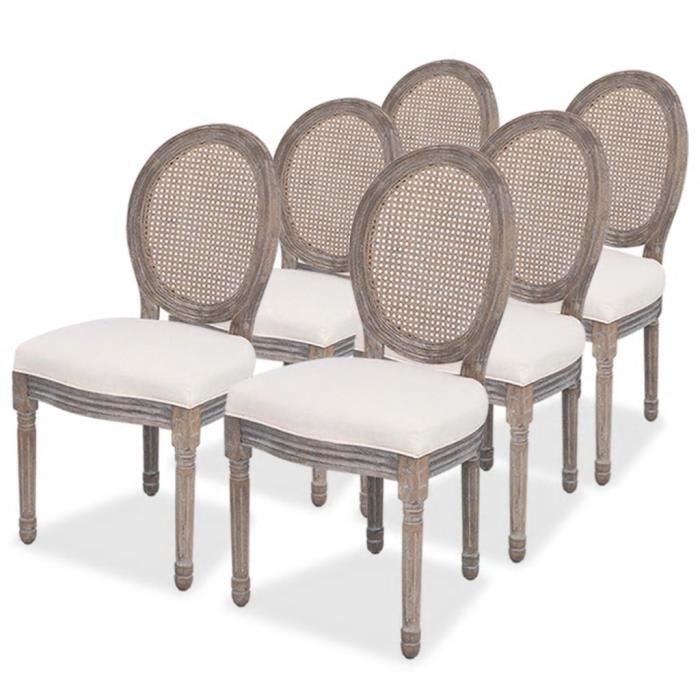 chaises de salle à manger - lin et rotin - lot de 6 - couleur crème - style campagne