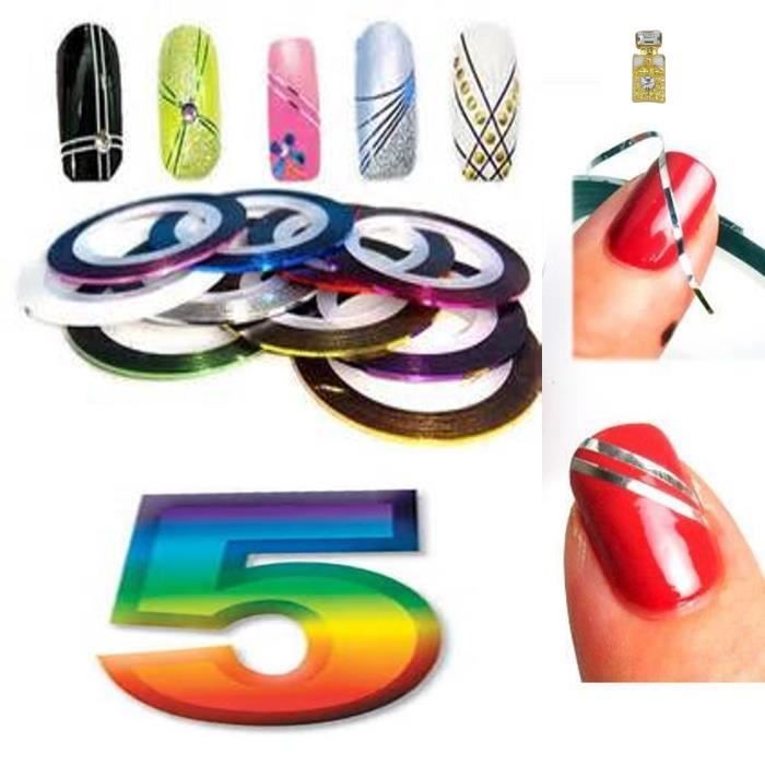 Lot 5 rouleaux décoration ongles adhesive nail art STRIPING TAPE rose , or , bronza , vert ,noir + 1 petit bijou strass bouteille