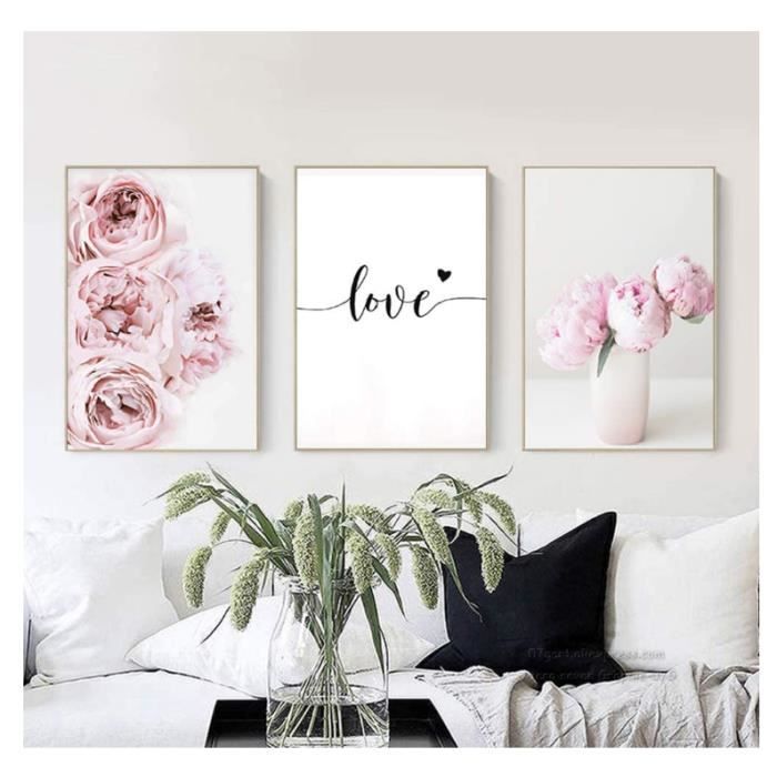 Set De 3 Poster Fleur Rose Affiche Pivoine Citation Amour Noir Et Blanc Toile Art Decoration Murale Nature Tableau Toile Cdiscount Maison