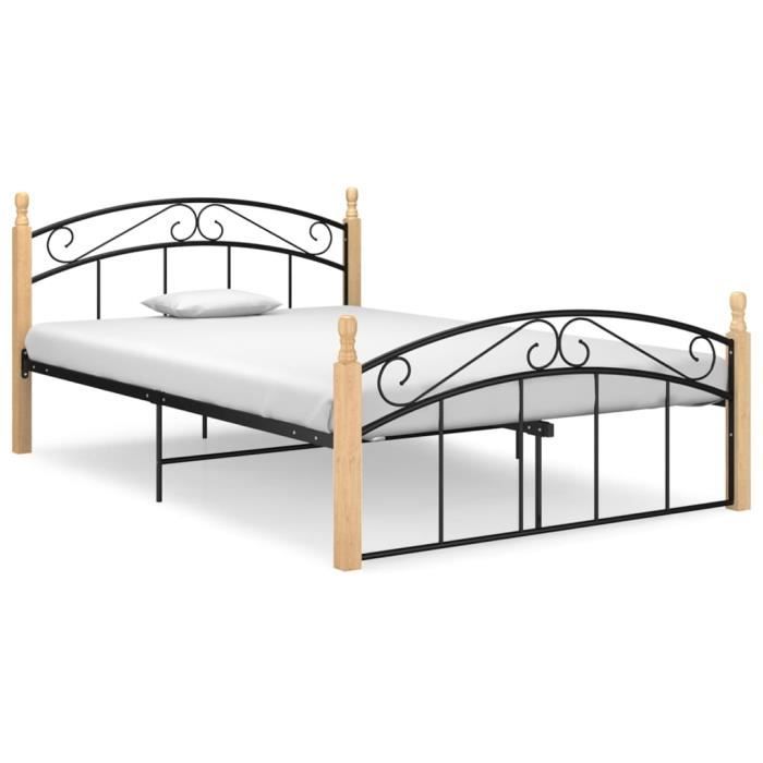 cadre de lit noir métal et bois de chêne massif 140x200 cm - pop - market - haut de gamme