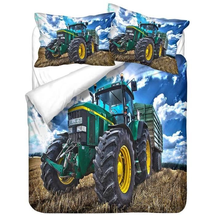 Housse de couette 220X240Cm Motif tracteur et moissonneuse Avec 2 taies