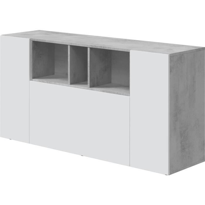 Buffet LOIRA - Mélaminé - Blanc artik et ciment - 3 portes + 3 niches de rangement - L 150 x P 41 x 