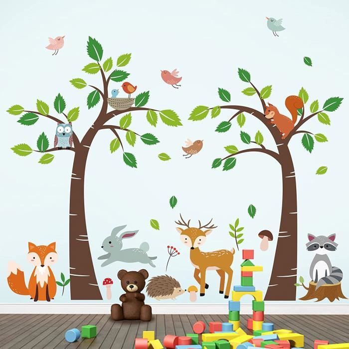 Stickers Muraux Forêt Animaux - Ours, Cerf, Renard, Bouleau - 2 Feuilles 30x90cm - Déco Chambre Enfant