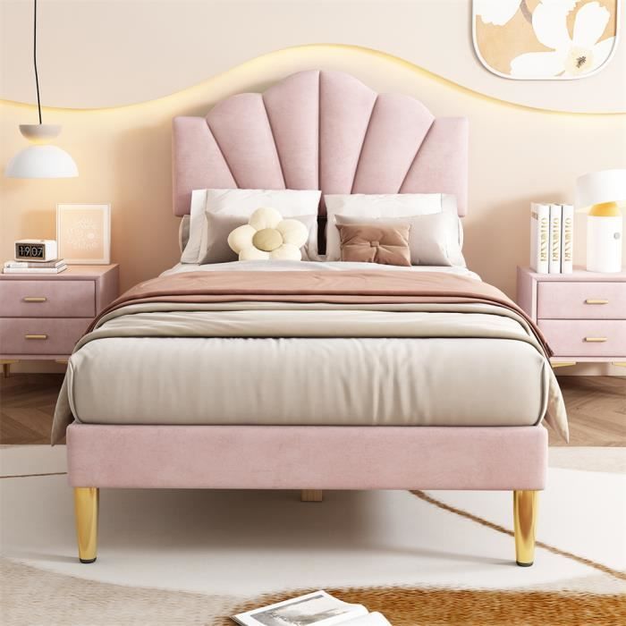 dripex lit rembourré en velours rose 90×200 cm,lit en forme de coquillage avec pieds en fer dorés,tête de lit réglable en hauteur