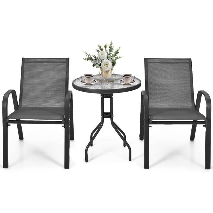 GIANTEX Ensemble Salon de Jardin 2 Fauteuils et Table Basse en Verre TrempéEnsemble Extérieur 3 Pcs pour 2 PersonnesCadre en Acier