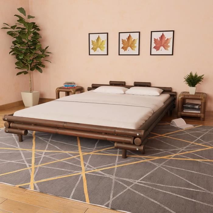 cadre de lit en bambou marron foncé 160 x 200 cm - gototop - campagne - a monter soi-même - sans sommier