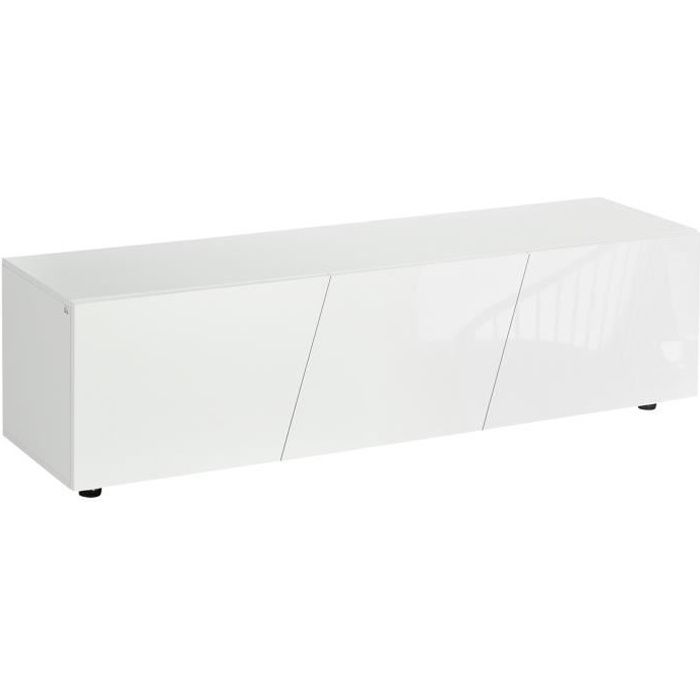meuble tv banc tv style contemporain 3 portes abattantes panneaux blanc laqué 160x39x45cm blanc