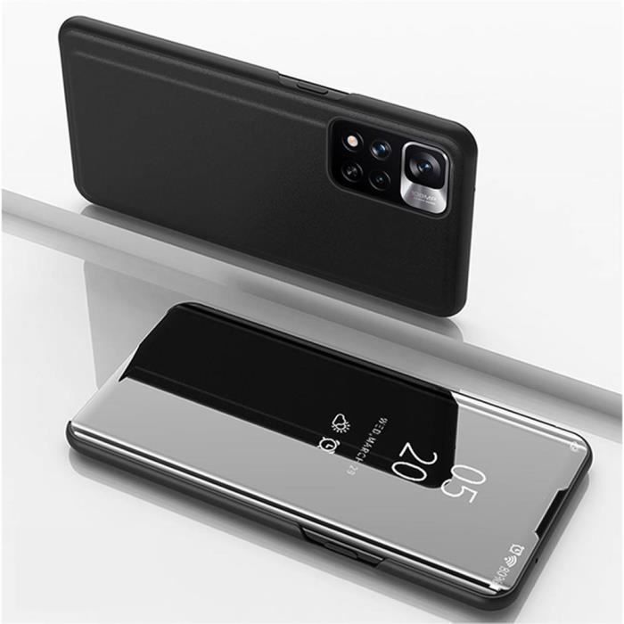 Housse pour Xiaomi Redmi Note 11 Pro 4G - 5G - etui portefeuille miroir clear view + verre trempe - NOIR