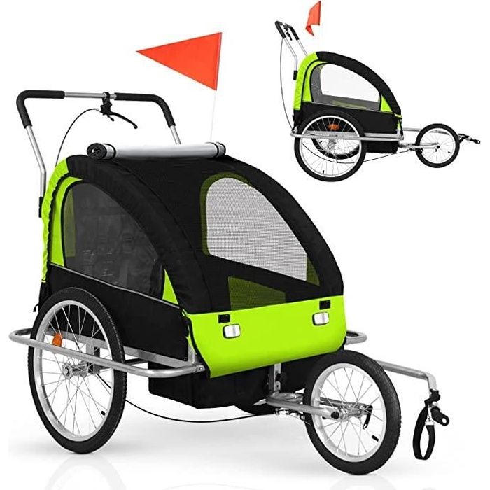 Jago® Remorque Vélo Enfants - 2 Places, Ceinture de Sécurité 5 Points,  Pliable, Noir-Vert - Poussette, Jogger Biplace, Animal