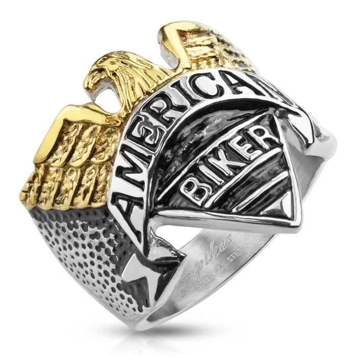 Bague chevalière homme acier aigle doré inscription american biker