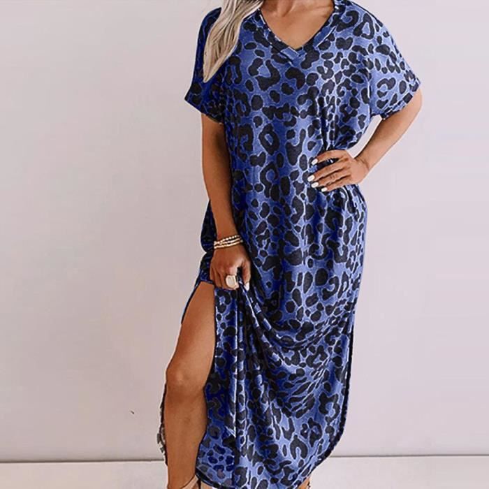 Robe longue fendue ?� manches courtes ?� imprim?� l?�opard et ?� col en V pour femmes SGY200730482BUS 