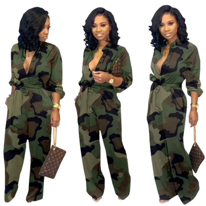 Combinaison camouflage pantalon large avec poche COMBISGORT Femme Vert Vert Cdiscount Pret a Porter