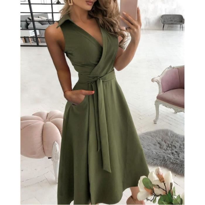 Robe Longue Femme Mode Col En V Sans Manches Robe Couleur Unie Robe Ete Mousseline De Soie Revers Robe vert L Vert Cdiscount Pret a Porter