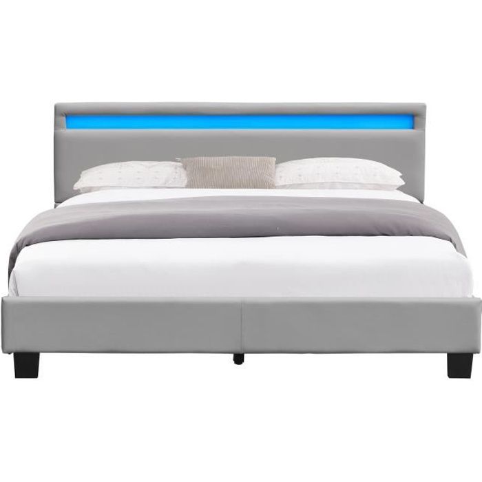 nuits d'or - angel - solide et confortable lit 140x190 avec sommier + tête de lit avec eclairage led couleur gris + pieds en 10 cm p