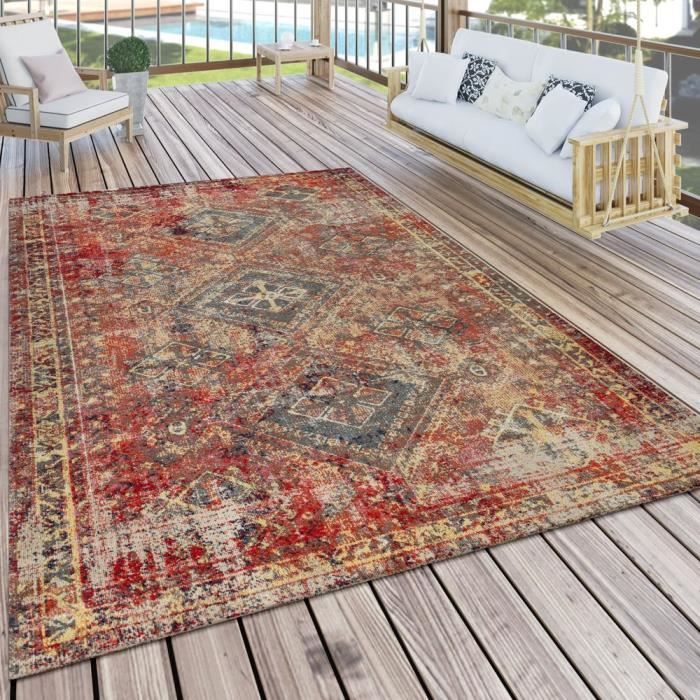 Tapis Extérieur Terrasse Rouge Balcon Oriental Design Résistant aux intempéries [80x150 cm]