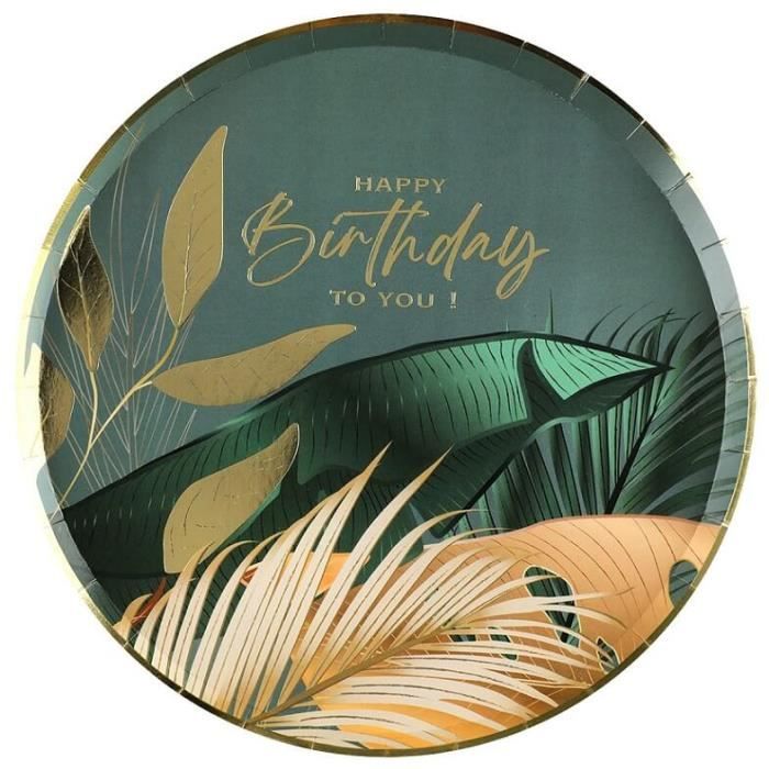 Lot de 10 Assiettes rondes en carton anniversaire Jungle tropicale: Happy Birthday 22.5cm