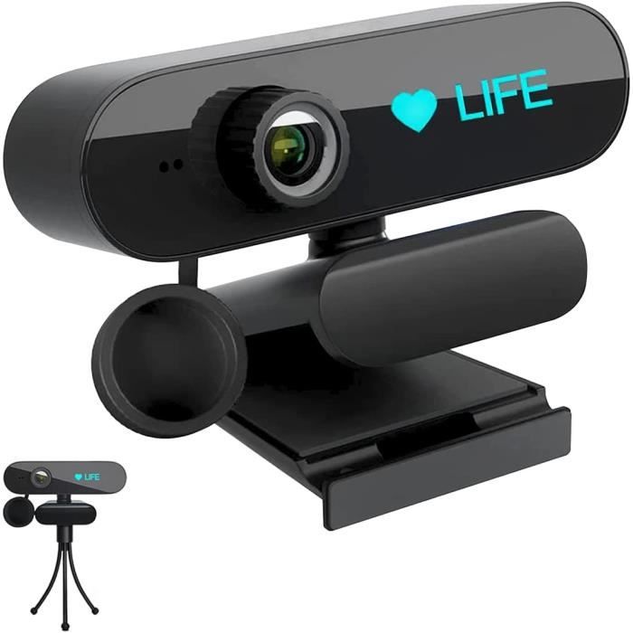 Webcam avec microphone et trépied, caméra 1080P avec couvercle et