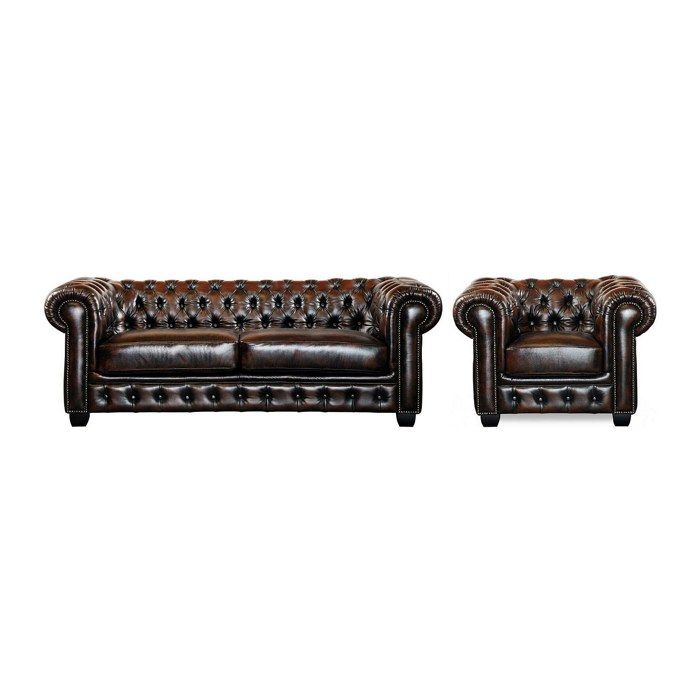 Canapé chesterfield 3 places et un fauteuil BRENTON 100% cuir de buffle - Marron reflets châtains