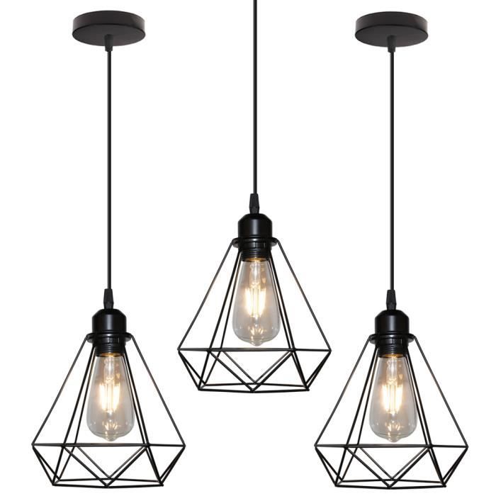 UNI 3PCS Lustre Suspension E27 20CM Cage Diamant en Métal Noir Plafonnier Luminaire pour Couloir Escalier Chambre