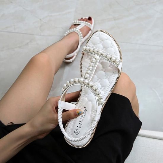 Sandales Femme Plates à Bout Ouvert Pour Plage Vacances Avec Strass