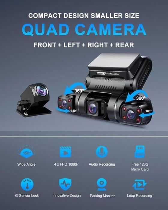 Yabdbg Dashcam Quad 4x1080P Ön, Sol, Sağ ve Arka Araç İçi Kamera, GPS WiFi 24H Park Modu, IR Gece Görüşlü Dash Cam Araba, 150 ° Açı WDR 3 İnç TFT G-Sensör Ücretsiz