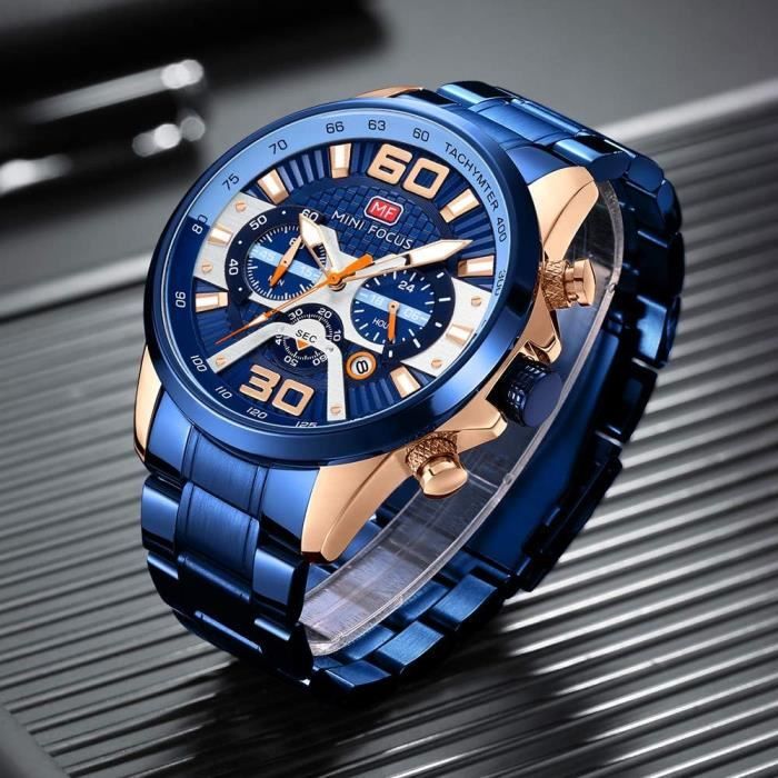 Mini Focus Montre Analogique À Quartz Pour Homme, Style Classique,  Chronographe, Calendrier, Bracelet En Acier Inoxydable[H2192] Blau + Gold,  - Achat/vente montre - Cdiscount