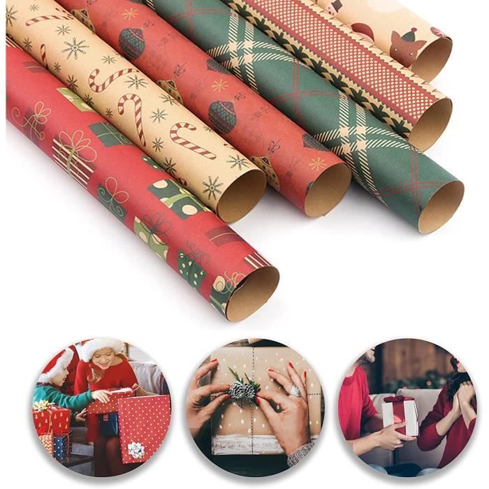 Lot de 6 papiers d'emballage cadeaux de Noël, papier kraft recyclable 70 x  50 cm en feuilles pliées avec 6 motifs uniques (en bonus, ficelle de jute d