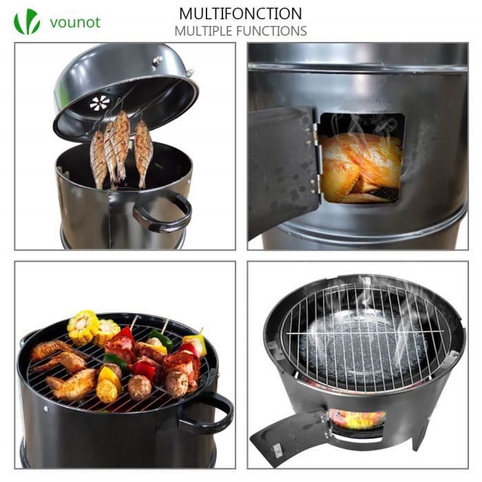 Fumoir 3 En 1 – 40 Cm De Diamètre, Avec Thermomètre, 2 Bacs Émaillés, Pour Grillade, Fumage Et Braisage