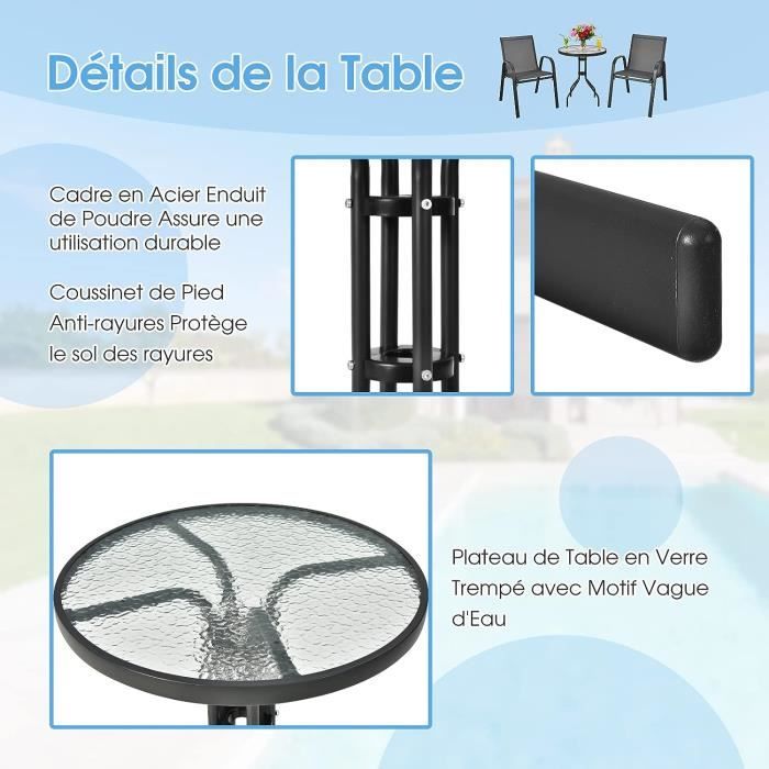 Salon De Jardin 2 Personnes GIANTEX - 2 Chaises à Bascule + Table Verre, Cadre Métal, Respirant, Pour Balcon Et Terrasse