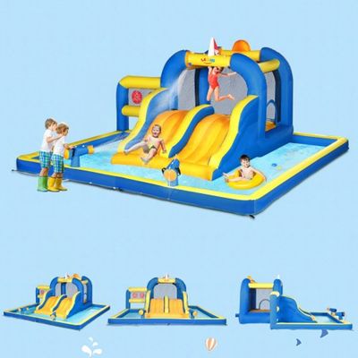 COSTWAY Children's Jungle Inflatable Pool with Slide and Sprinkler, Paddling Pool Play Area with Ring Throwing Game and Monkey and Hippo Toy for Garden, Balcony, Beach, 2-6 Years, 207 x 168 x