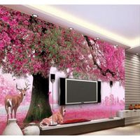 Papier Peint Panoramique 350x250cm 3D Effet style Arbre cerf cerisier fleur rouge Papier Peint intissé Chambre Salon Décoration