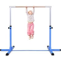 GIANTEX Barre de Gymnastique Enfant- 12 Hauteurs Réglables 91-150cm-Barre d’Entraînement Fixe en Acier+ Bois- Charge 100kg- Bleu