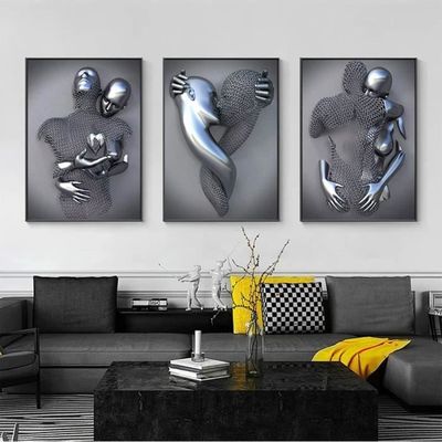 Tableau Abstrait Moderne Sur Toile – Lot D'images, Métal Gris – 250 X 80 Cm – Prêt à Accrocher – Allemagne