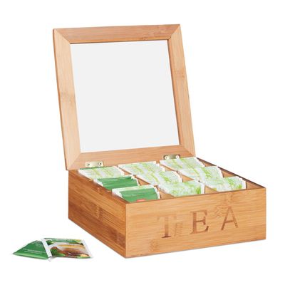 Organisateur Thé Café épices Boîte à Thé - RELAXDAYS - 9 Compartiments - Rangement En Bambou - À Boîte Transparente Verticale Horizontale
