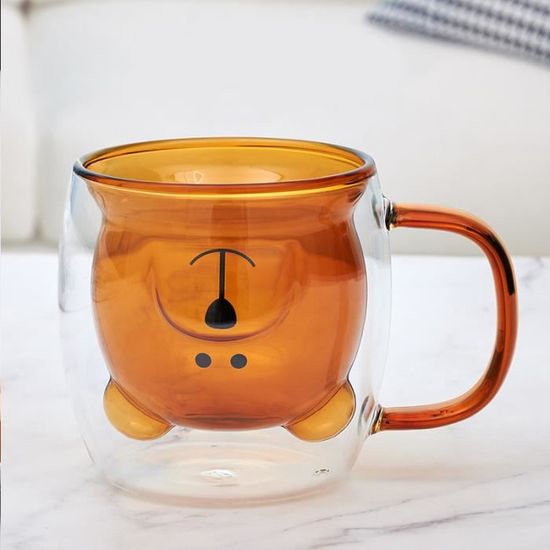 Tasse Verre Double Paroi Avec Motif Chat/ours - 280ml - Isotherme Pour Café, Thé, Smoothie