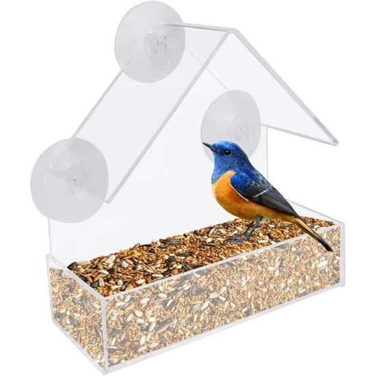 Mangeoire à Oiseaux Pour Fenêtre Acrylique Transparent Avec Ventouses Puissantes - Observation Oiseaux Sauvages 15x15x6cm